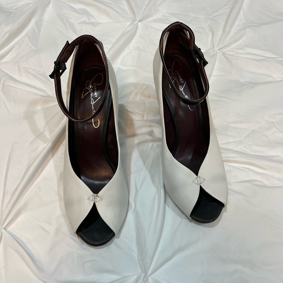 White Leather Black Ankle Strap Wedge Peep Toe Heels - Picture 2 of 7